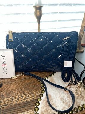Jen & Co Quilted Patent Crossbody Wristlet - Navy Blue